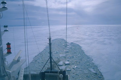Station Dumont d'Urville (Terre Adélie, Antarctique), le navire Astrolabe essaie de forcer un passage dans la banquise à la fin du mois d'octobre.