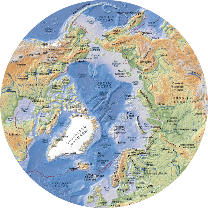 Carte topographique et bathymétrique de l'Arctique