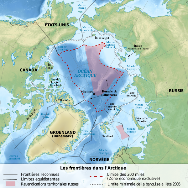 Frontières reconnues et revendications territoriales russes en Arctique