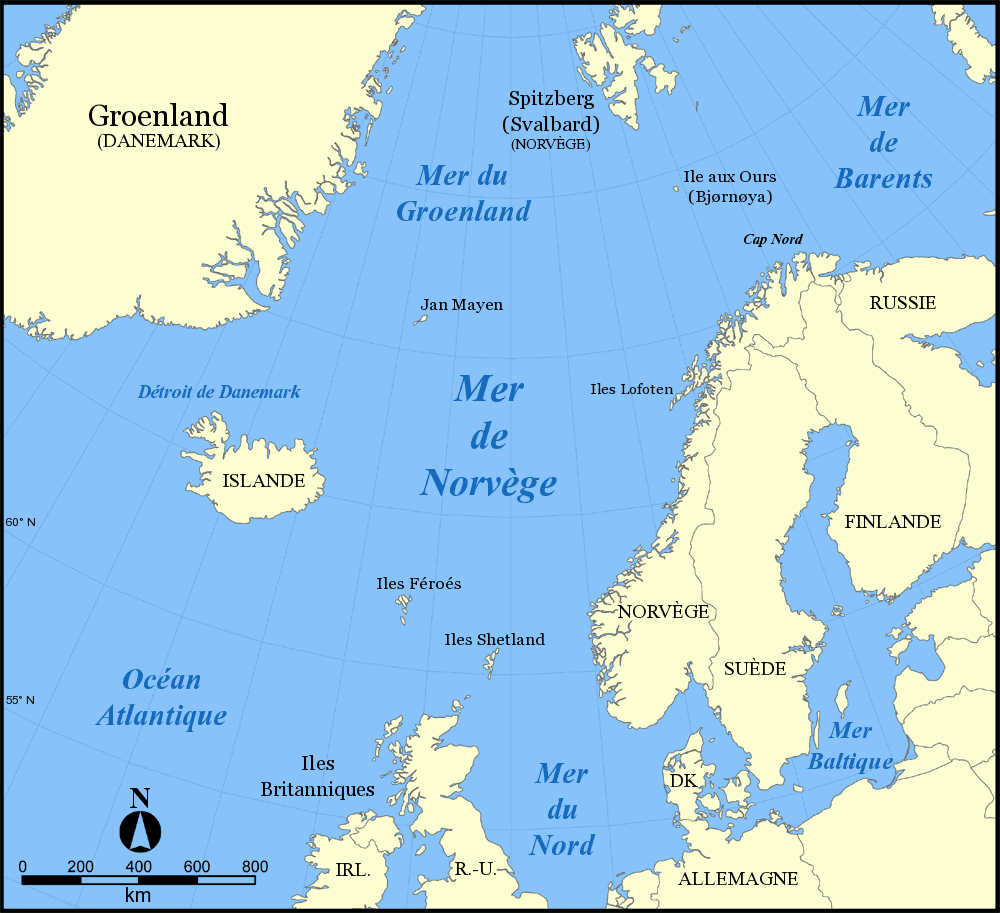 Les mers du Groenland, de Barents et de Norvège, assurant le lien entre l'océan Atlantique nord et l'océan glacial Arctique