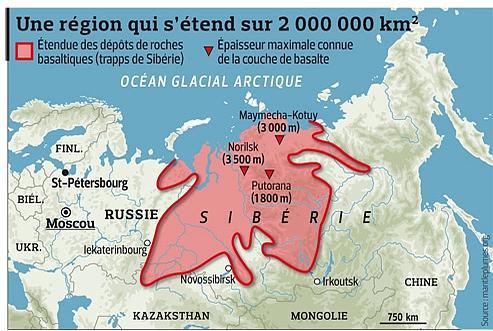Extension et épaisseurs maximales connues des trapps de Sibérie