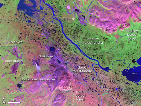 Image spatiale en fausses couleurs de la région de Norilsk et de son gisement polymétallique