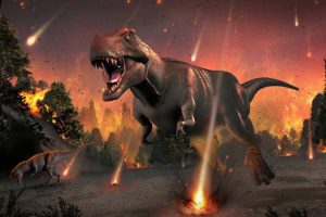 Tyrannosaurus rex en fuite devant l’incendie...