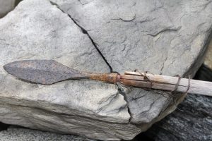 Pointe de flèche de de Langfonne datée de - 1 300 ans encore fixée à sa hampe, des restes de tendon ayant servi de ligature sont encore visibles